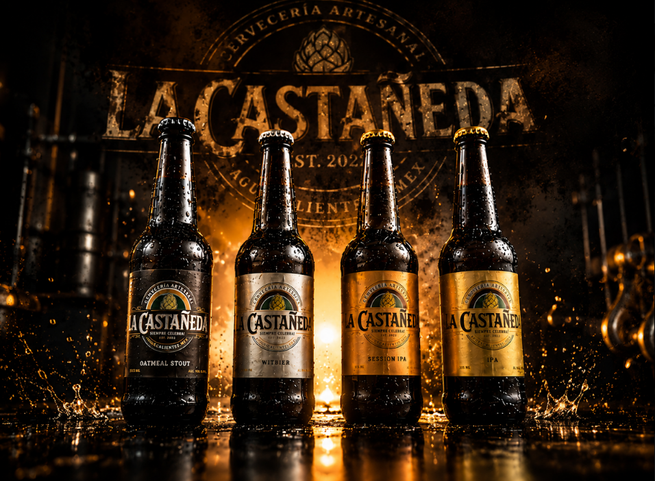Colección de cuatro cervezas La Castañeda con iluminación ámbar