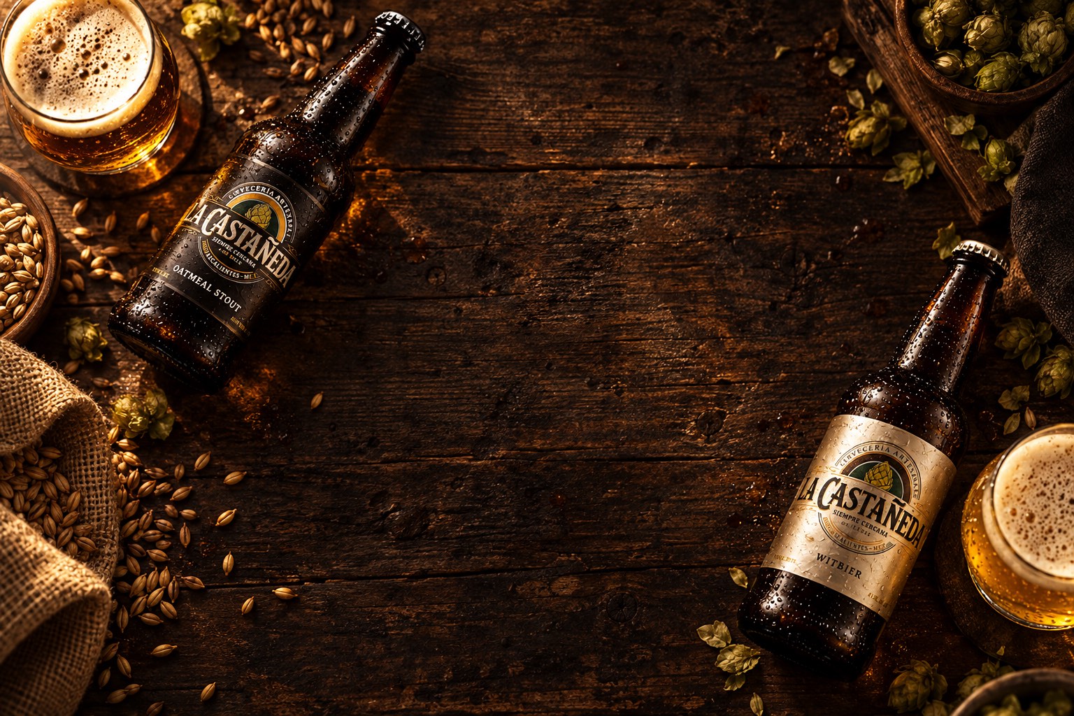 Botellas La Castañeda y vasos de cerveza con espuma sobre una mesa de madera